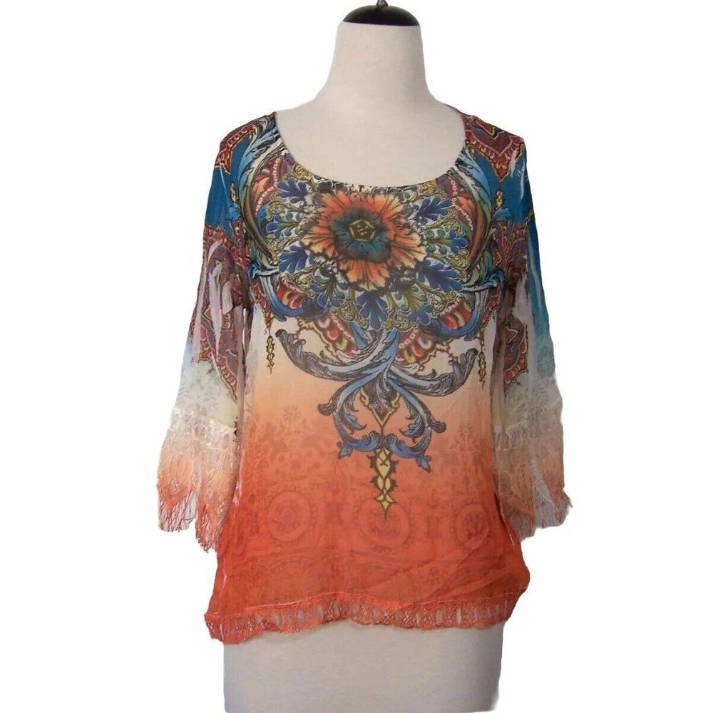 Cover Charge Shirt Top Blouse Small Crochet Fringe Sheer Floral Boho Hippie